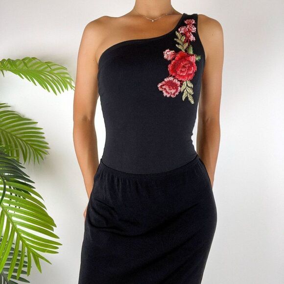 Vintage Y2K Black Floral Classy Romantic Grunge One Shoulder Bodysuit / Size: S - Picture 3 of 4